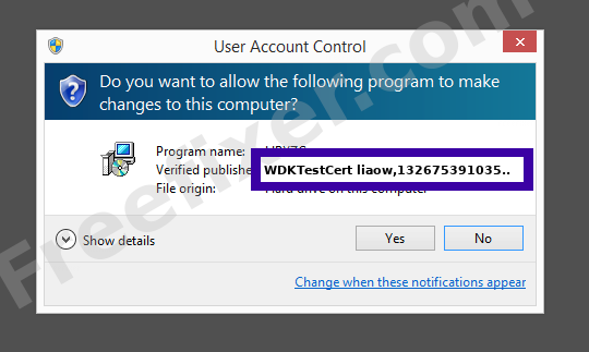 Screenshot where WDKTestCert liaow,132675391035378460 appears as the verified publisher in the UAC dialog